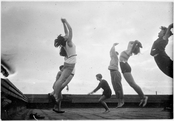 Women's gym class on the roof of the Bauhaus, photo:  T. Lux Feininger, 1930, Bauhaus-Archiv / Museum für Gestaltung © Estate of T. Lux Feininger